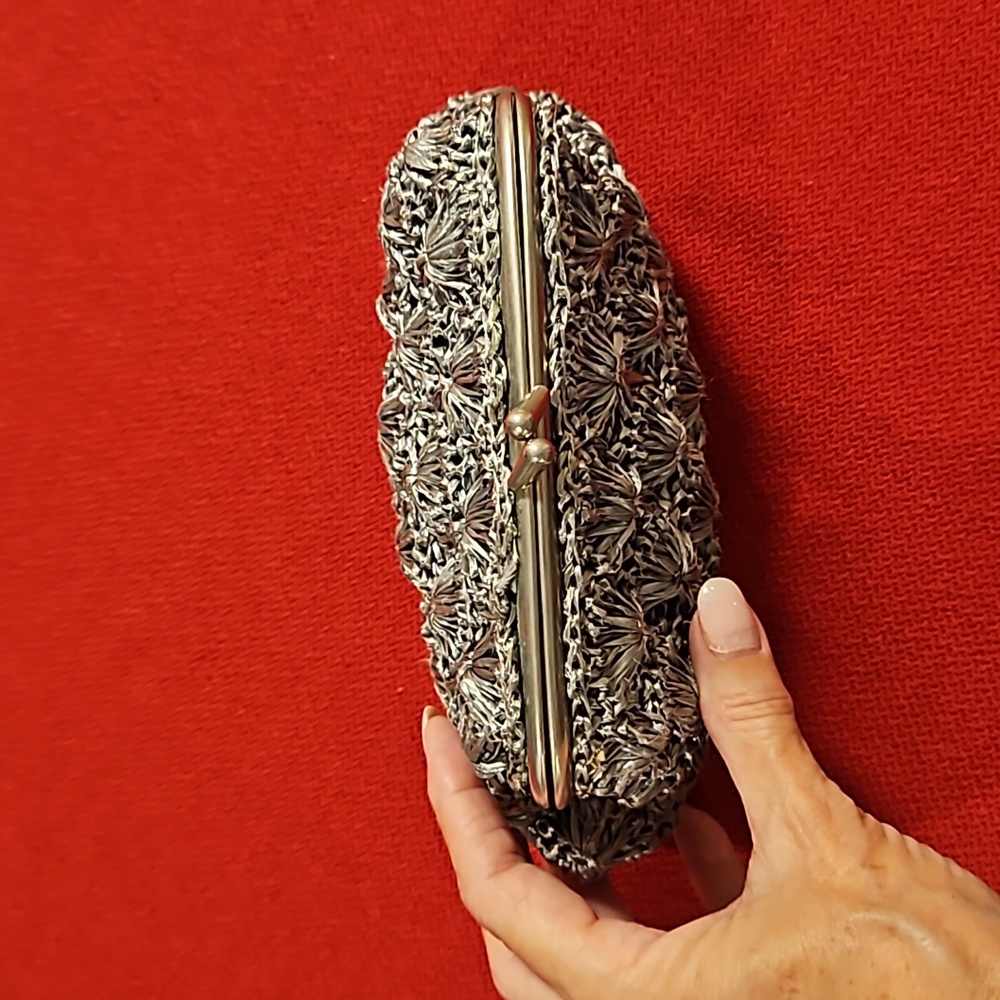 Vintage gray crochet snap shut clutch bag not yarn cool dress prom novelty - Picture 7 of 10